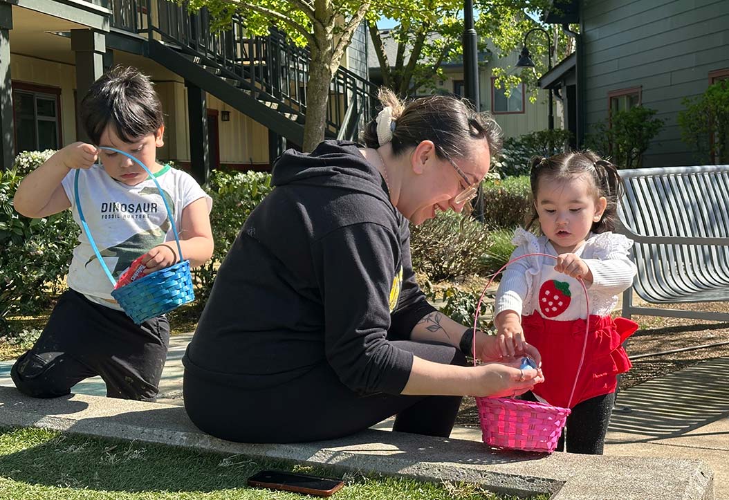 Photo of a mom and her daughter during egg hunt activity